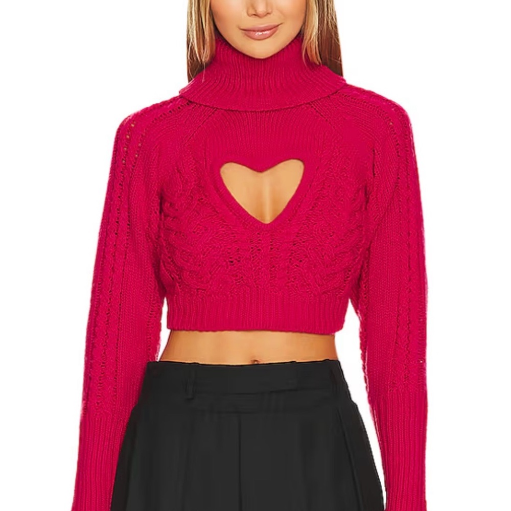 Fuchsia Heart Cutout Turtleneck Crop Sweater